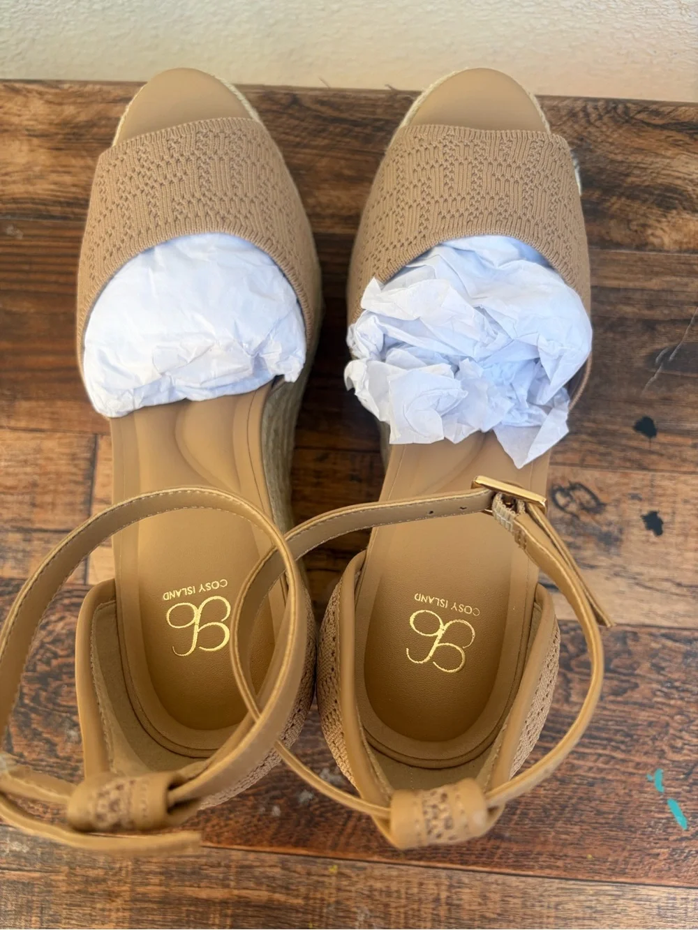 NWT and Box Womens Tan Espadrille Wedge Sandals with Ankle Strap